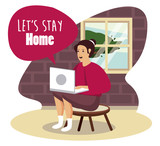 Fototapeta Boho - lets stay at home scene with woman working in laptop