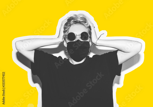 Short hair girl in corona virus protective medicine mask and sunglasses saving her from infection holding her head. Colorful collage in magazine style with emotional crazy woman in black t-shirt.