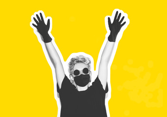 Short hair girl in corona virus protective medicine mask, gloves and sunglasses saving her from infection holding arms up. Colour collage in magazine style with emotional crazy woman in black t-shirt.