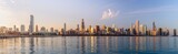 Fototapeta Miasta - Panorama Chicago downtown skyline sunset Lake Michigan with most Iconic building from Adler Planetarium