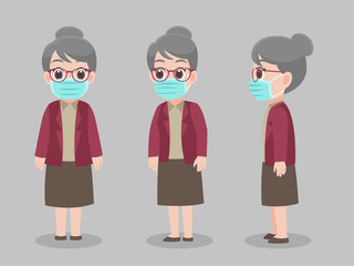 Set of Character grandmother wearing protective Medical mask for prevent virus Wuhan Covid-19.Corona virus, people wearing a surgical mask. Health care concept