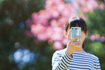 Wall Mural - Japanese girl take photo for sharing SNS by using smart phone in Japan