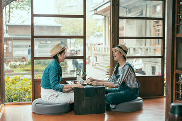 Wall Mural - side view of two asian young girl travelers in straw hat travel in Tokyo Japan during spring time. happy female friends talking sitting in japanese architecture style house doing tea ceremony