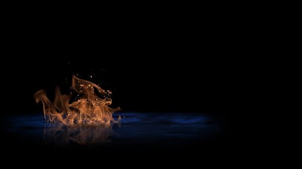 Wall Mural - orange fire on blue water 4k loop features orange flames with reflection burning on the surface of b