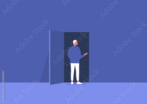 Cuadros en Lienzo Imagination and inspiration, outer space, astrology, young male character openin