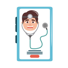 Poster - online doctor character smartphone stethoscope support care flat style icon