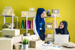 © Art_Photo - Portrait of smiling beautiful two muslim owner asian woman freelancer sme business online shopping working on laptop computer with parcel box on table at home - Business online shipping and delivery