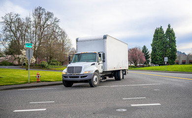 Wall Mural - Small compact semi truck with cube box trailer transporting commercial cargo driving on the street of urban city in spring time with blooming trees