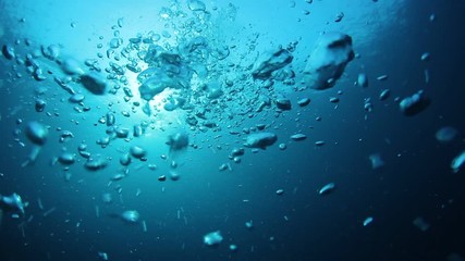 Poster - Bubbles rising up in blue water underwater video	