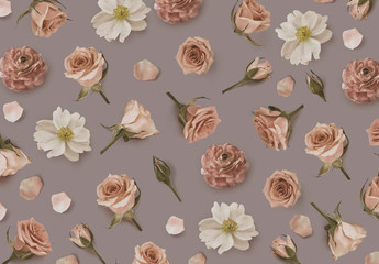 Vintage Floral pattern made of beige flowers and rosebuds. Flat lay, top view. Valentines background. Flower background. Warm pattern of flowers. Flowers pattern texture