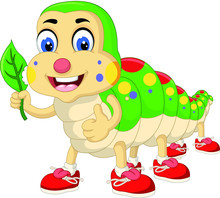 Cute Colorful Caterpillar Wear Red Shoes Hold A Green Leaf Cartoon