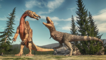 Plakat ogród natura pejzaż tyranozaur 3d
