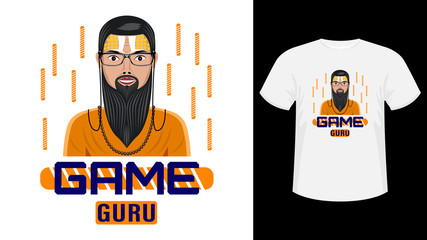 Game Guru, bearded man in glasses with painted face for print white shirt.