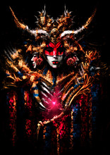 An Ominous Carnival Mask With Horns And Many Small Details, Her Eyes Are Empty And Black Like An Abyss, She Has A Lot Of Gold Jewelry On It. A Pink Heart Shines In The Ribs Of This Creature. 2d