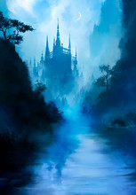 A Beautiful Fairytale Landscape With A River In The Foreground, And A Huge Tall Castle In The Distance, With Many Towers, It Is Shrouded In Fog, We See A Crescent Moon In The Sky. 2d