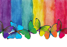 Colors Of Rainbow. Photo Watercolor Paper Texture. Abstract Watercolor Background. Wet Watercolor Paper Texture Background. Bright Colorful Morpho Butterflies. Multicolored Watercolor Stains. 