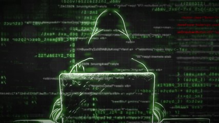 Hacker at work with graphic interface around