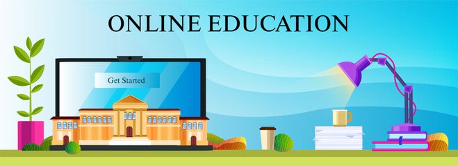 E-learning vector background with laptop, plants, lamp, books, university building and coffee. Distance education concept in flat style for web banners, landing pages, applications.