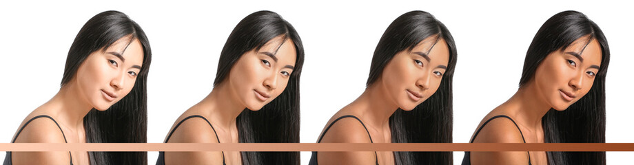 Sticker - Young Asian woman with different shades of skin on white background