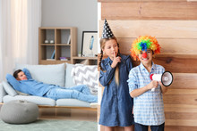 Children Playing A Prank On Their Father At Home. April Fools' Day Celebration