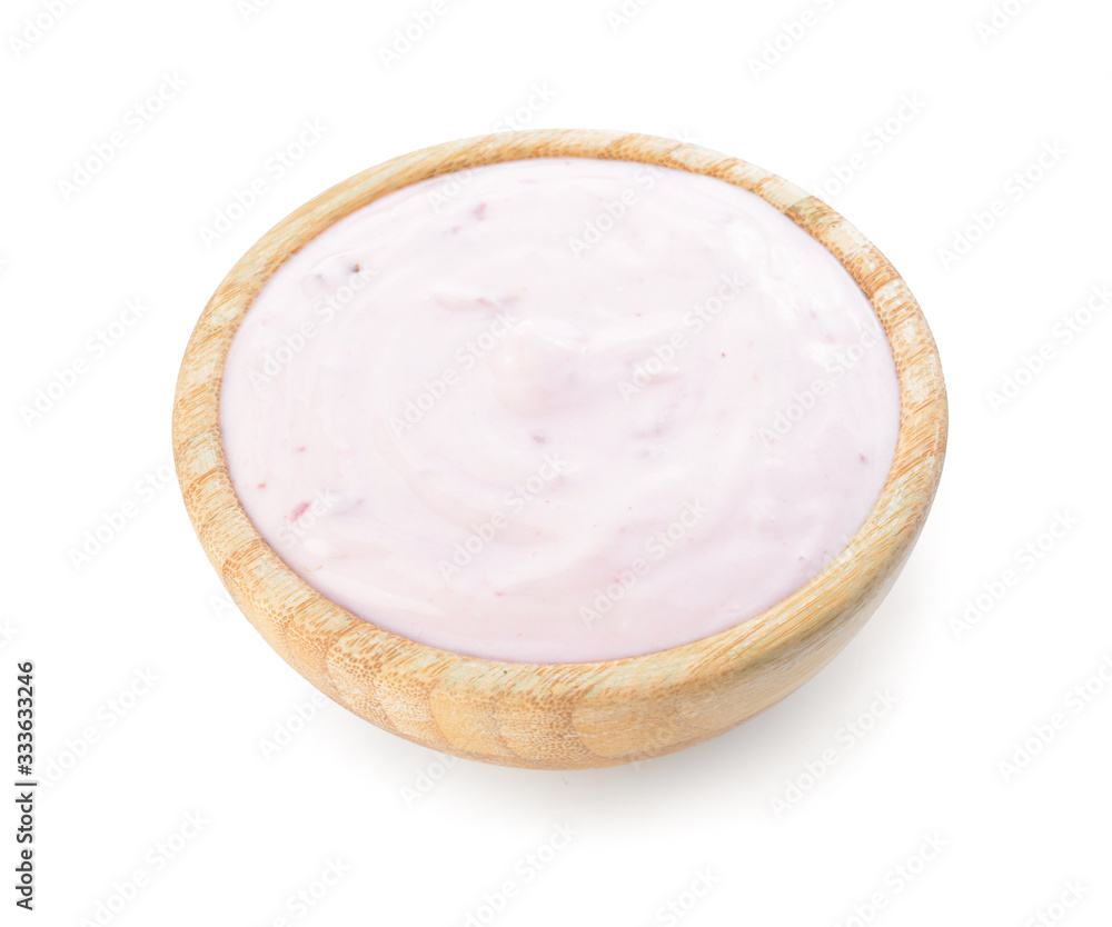 Bowl with tasty yogurt on white background