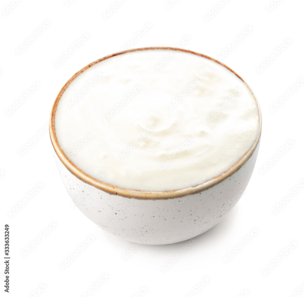 Bowl with tasty yogurt on white background