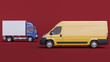 © beysim - Side View of a Yellow Delivery Van with a Cargo Truck in Blue and White Color on Red Background 3D Rendering