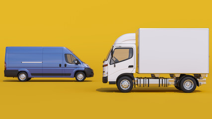 Wall Mural - Side View of a Blue Delivery Van and White Truck on Yellow Background 3D Rendering