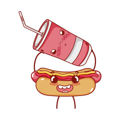 Canvas Print - fast food cute hot dog and plastic cup with cartoon