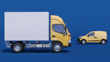 Yellow Mini Van With A Cargo Truck In Yellow And White Colors On Blue Background 3D Rendering