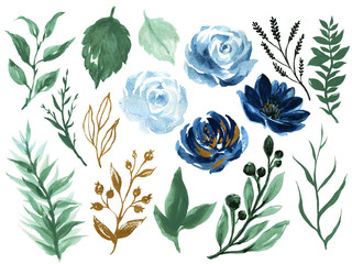 Watercolor illustration Botanical rose teal blue and gold black peony bunch foliage ranunculus wild flower  leaves collection blossom leaves element