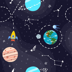 Wall Mural - Space pattern with planets and stars. Rocket 