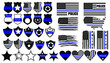 Set of cops thin blue lines. Collection of officer items badge, icon and national flag. Vector illusration of thin line for US police.