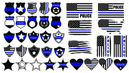 Set of cops thin blue lines. Collection of officer items badge, icon and national flag. Vector illusration of thin line for US police.