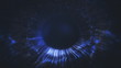 © Aliaksandra - Blue and azure colored lines after a blast scattering out of a bright circle and forming volumetric human blue eye model. Human iris of the eye concept. 3d rendering animated abstract background in 4K