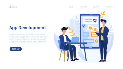 Wall Mural - illustrated mobile app development concept with developers having a discussion. vector illustration