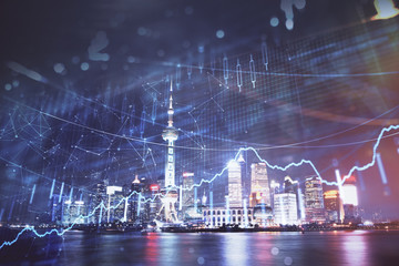Fototapete - Financial graph on night city scape with tall buildings background multi exposure. Analysis concept.