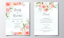 Wedding Invitation Card Template Set With Beautiful Rose And Leaves