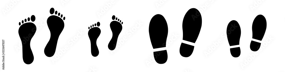 Different human footprints. Baby footprint - stock vector. Shoes for children and adults, adults and children's steps. - obrazy, fototapety, plakaty 