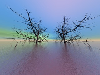 beautiful ocean view with two large trees - 3d rendering