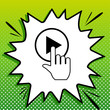 Play button icon with hand sign. Black Icon on white popart Splash at green background with white spots. Illustration.