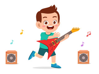 Poster - happy cute little kid boy play guitar