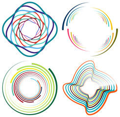 Aufkleber - Set of mottled, multi color and colorful spiral, swirl, twirl shapes. Vortex, whorl shape with rotation, spin, coiling distortion effect