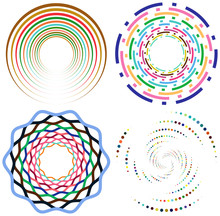Set Of Mottled, Multi Color And Colorful Spiral, Swirl, Twirl Shapes. Vortex, Whorl Shape With Rotation, Spin, Coiling Distortion Effect