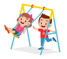 Canvas Print - happy cute little kid boy and girl play swing