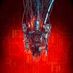 Wall Mural - reaper robot repair / 3d illustration of futuristic metallic science fiction scary skull faced cybor