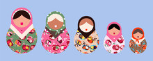 Matryoshka Dolls. Modern Russian Folklore Dolls. Traditional Russian Matryoshka. Set Of Five Floral Dolls With Hair And Lips. Babushka Doll. Beautiful Hand Drawn Vector Illustration For Web And Print.