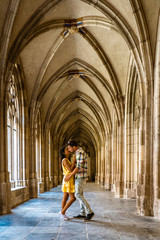 Sticker - Dom Church Utrecht Netherlands,couple men and woman walking by the church in Utrecht, Dom Church Utrecht, The Cathedral of Saint Martin Utrecht Dom Church Netherlands 