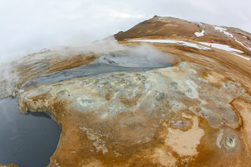 bubbling sulphuric geysers in Iceland. Powerful geothermal