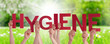 People Hands Holding Red English Word Hygiene. Sunny Green Grass Meadow As Background